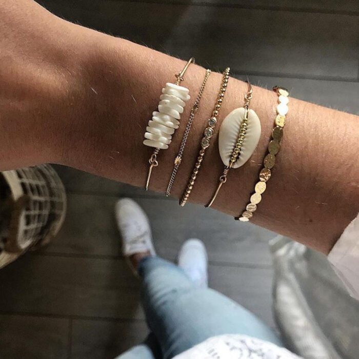 5pcs/sets Gold Beaded Bracelets White Natural Stone Bohemian Beach Shell Brangles - Image 10
