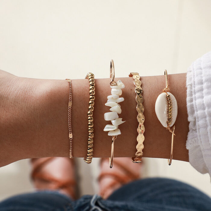 5pcs/sets Gold Beaded Bracelets White Natural Stone Bohemian Beach Shell Brangles - Image 1