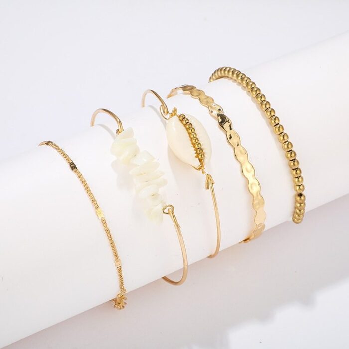 5pcs/sets Gold Beaded Bracelets White Natural Stone Bohemian Beach Shell Brangles - Image 5
