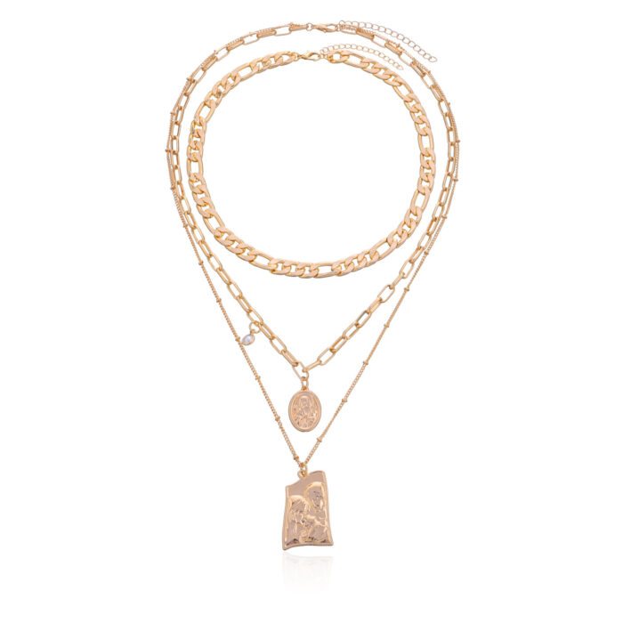 Vintage Punk Multi Layered Women's Pearl Necklaces Fashion Long Geometric Portait Pendant Necklace - Image 3