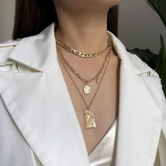 Vintage Punk Multi Layered Women's Pearl Necklaces Fashion Long Geometric Portait Pendant Necklace - Image 1