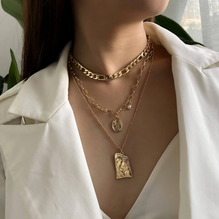 Vintage Punk Multi Layered Women's Pearl Necklaces Fashion Long Geometric Portait Pendant Necklace - Image 2