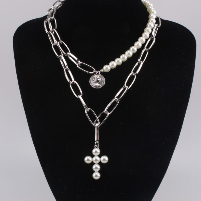 Luxury Design Imitation Pearls Choker Necklace Female Cross Pendant Necklaces for Women Gold Color Fashion Coin Jewelry - Image 5