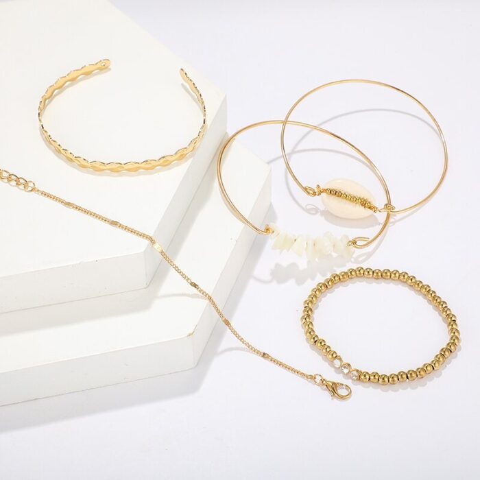 5pcs/sets Gold Beaded Bracelets White Natural Stone Bohemian Beach Shell Brangles - Image 6