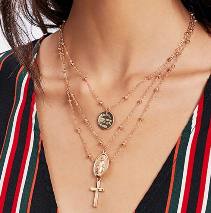 Layer Beads Chain Long Choker Necklace Women Sexy Fashion Gold Silver Color Round Cross Necklaces & Pendants Bijoux - Image 1