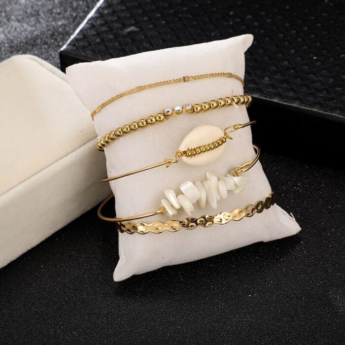5pcs/sets Gold Beaded Bracelets White Natural Stone Bohemian Beach Shell Brangles - Image 3