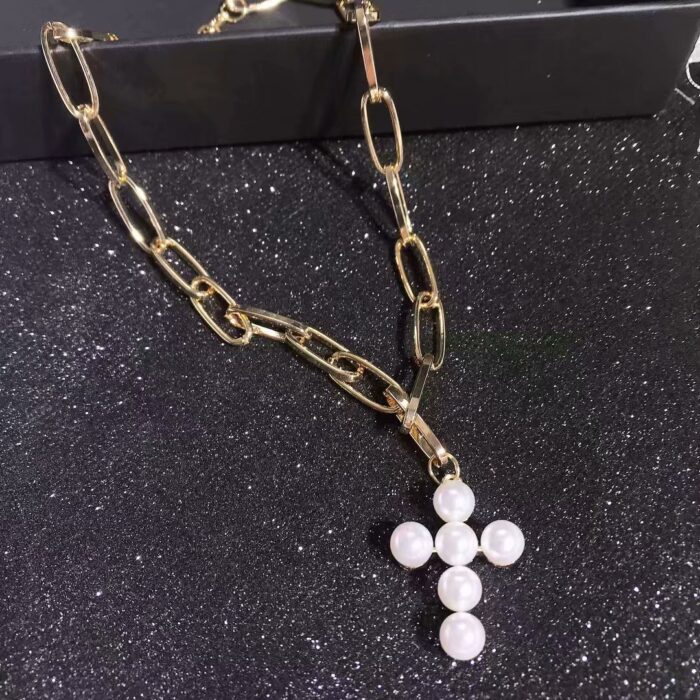 Luxury Design Imitation Pearls Choker Necklace Female Cross Pendant Necklaces for Women Gold Color Fashion Coin Jewelry - Image 3