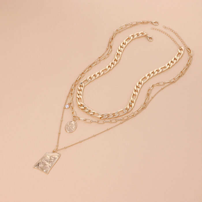 Vintage Punk Multi Layered Women's Pearl Necklaces Fashion Long Geometric Portait Pendant Necklace - Image 6