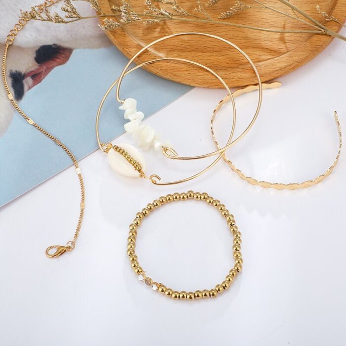 5pcs/sets Gold Beaded Bracelets White Natural Stone Bohemian Beach Shell Brangles - Image 2
