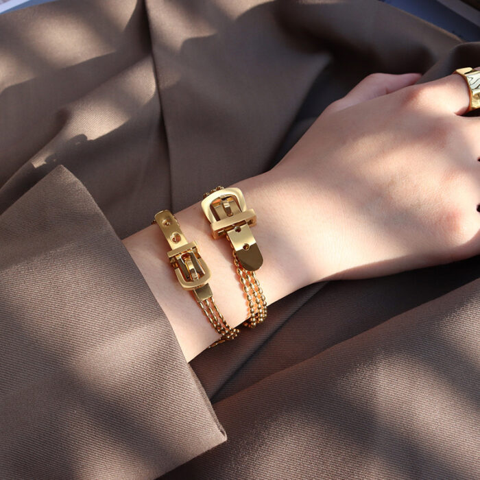 Stainless Steel Belt Shape Strap Charm Gold Bangle Women Jewelry Gift Punk Layered Bangle Bracelets - Image 1