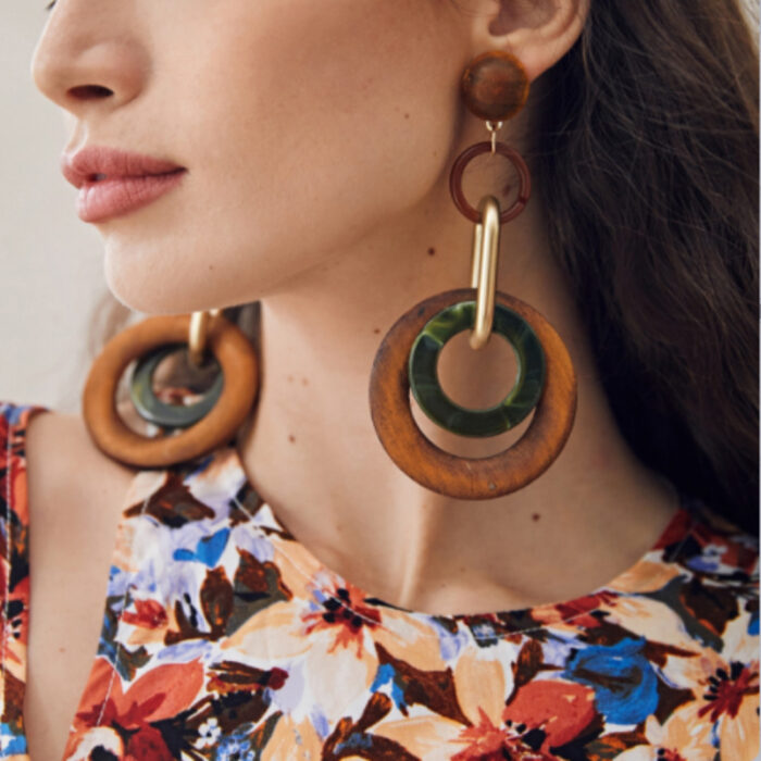 Vintage Handmade Fashion Wooden Metal Dangle Earrings - Image 1