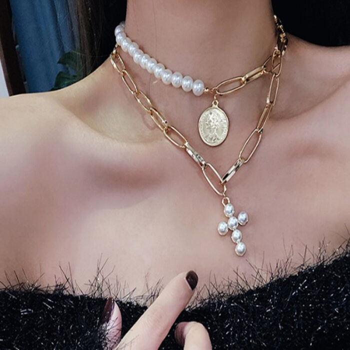 Luxury Design Imitation Pearls Choker Necklace Female Cross Pendant Necklaces for Women Gold Color Fashion Coin Jewelry - Image 1